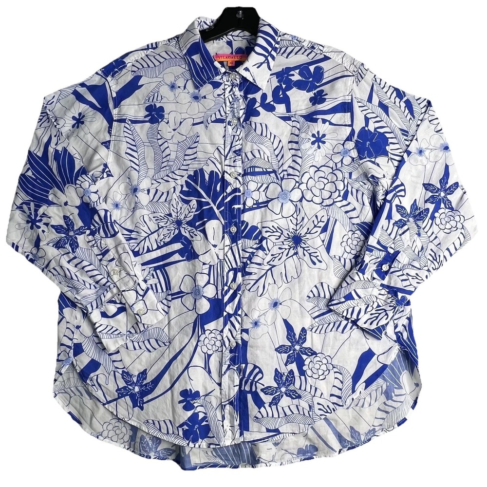 Vilagallo Top Women's 46 Button Up Long Sleeve Blouse Floral Tropical White Blue